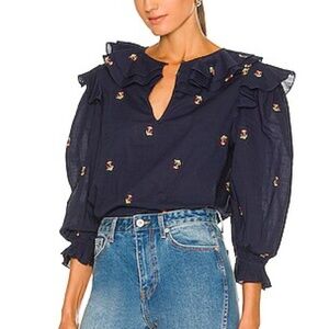 SOMETHING NAVY - Ruffle Top Keyhole Blouse with Embroidered Flowers